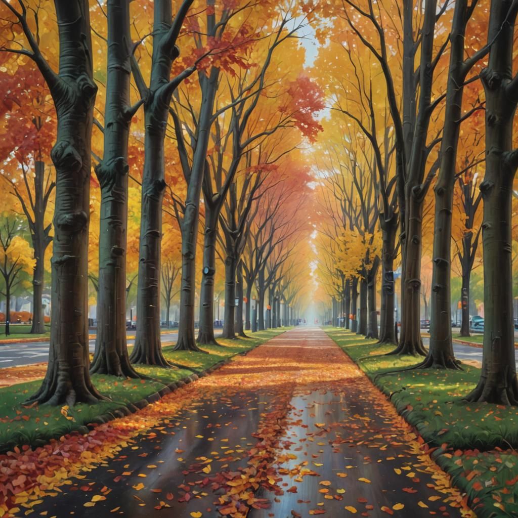 ציור ריאליסטי של סצנת סתיו הכוללת שדרת עצים עם עלים בצבעים עזים המכסים את האדמה.