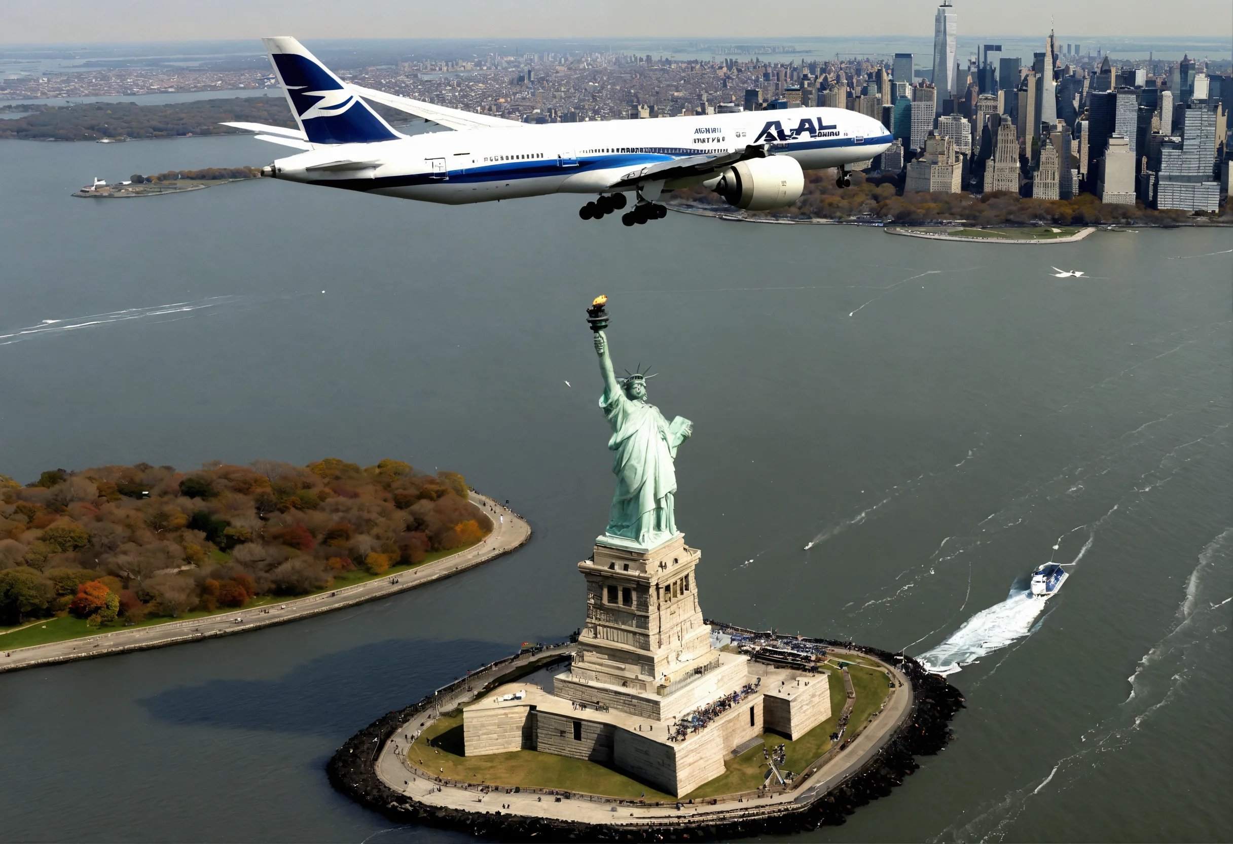 מטוס בואינג 777 של אל על טס מעל פסל החירות בניו יו.jpg