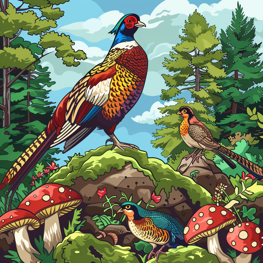 _yehiel_A_colorful_pheasant_and_two_quail_perched_on_mossy_ro_30bcbe86-f8c6-40b4-b431-ffb42d30...png