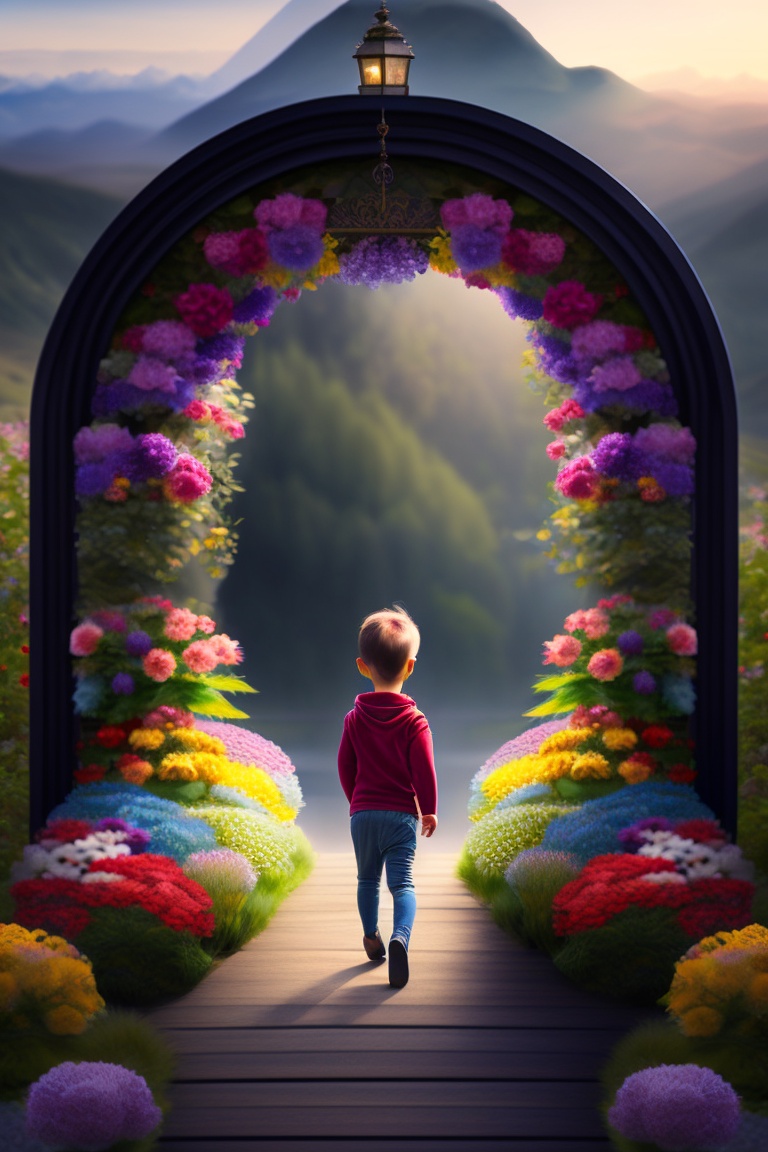 A boy enters a flower gate.jpg