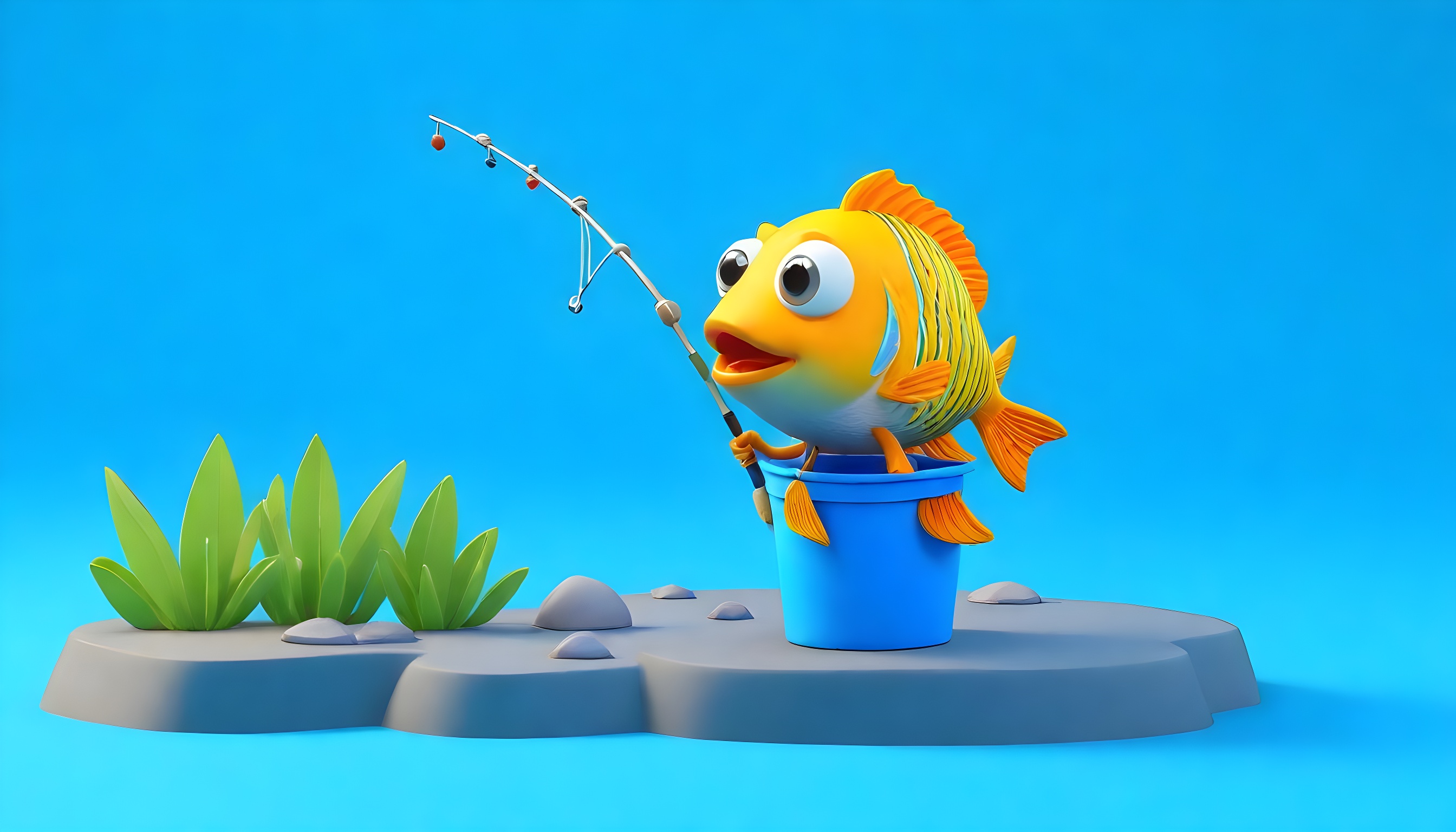 A-fish-is-sitting-on-the-edge-of-a-lake--In-his-hand--he-holds-a-fishing-rod--a-bucket-of-fish...jpg