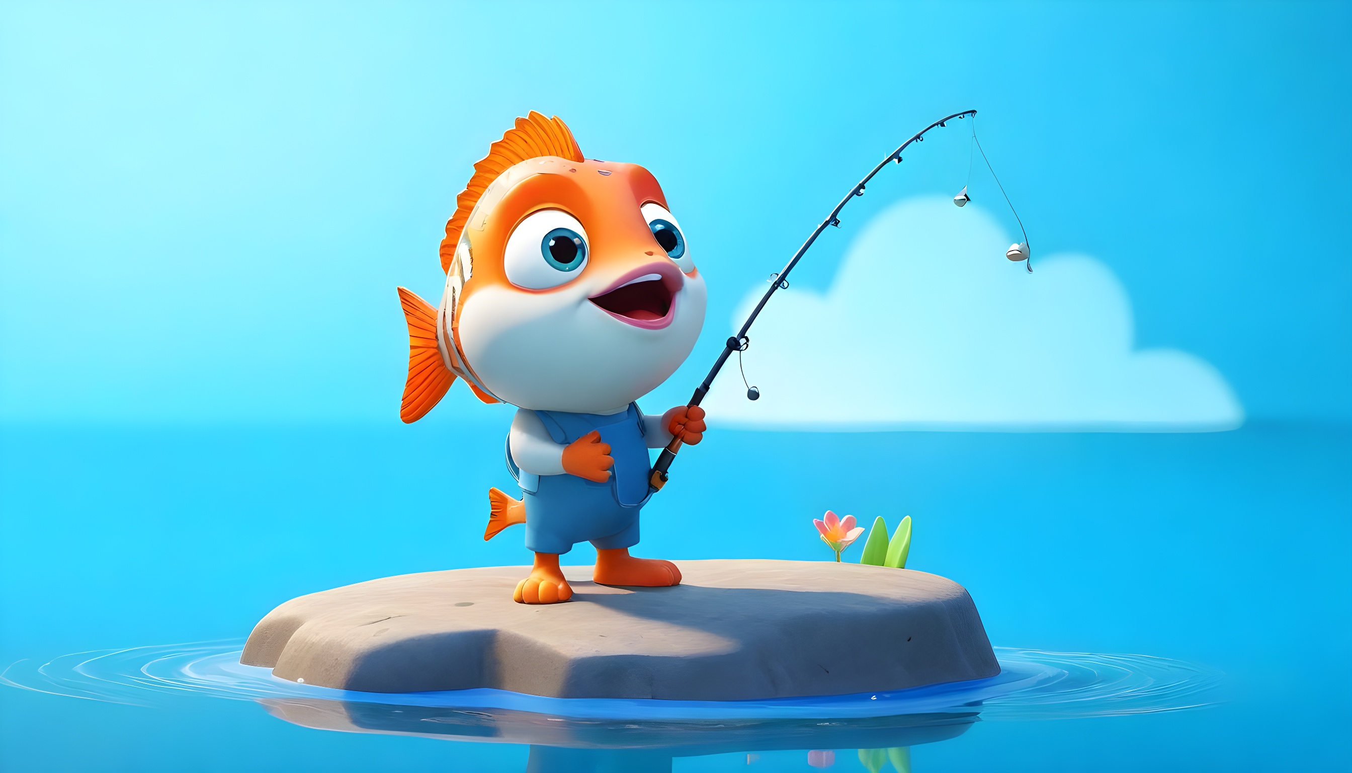 A-fish-is-sitting-on-the-edge-of-a-lake--In-his-hand--he-holds-a-fishing-rod--a-bucket-of-fish...jpg