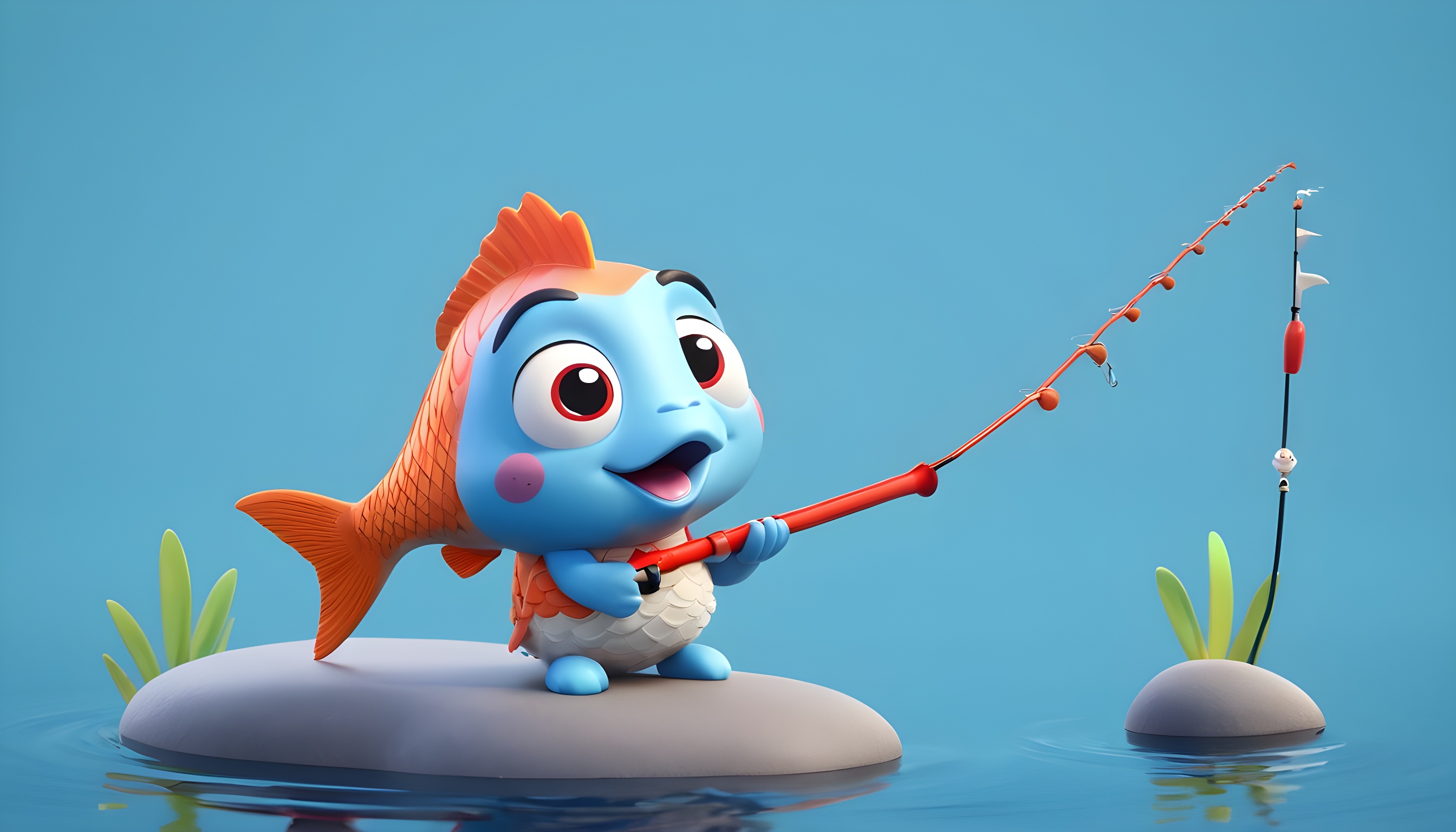 A-fish-is-sitting-on-the-edge-of-a-lake--In-his-hand--he-holds-a-fishing-rod-----.jpg