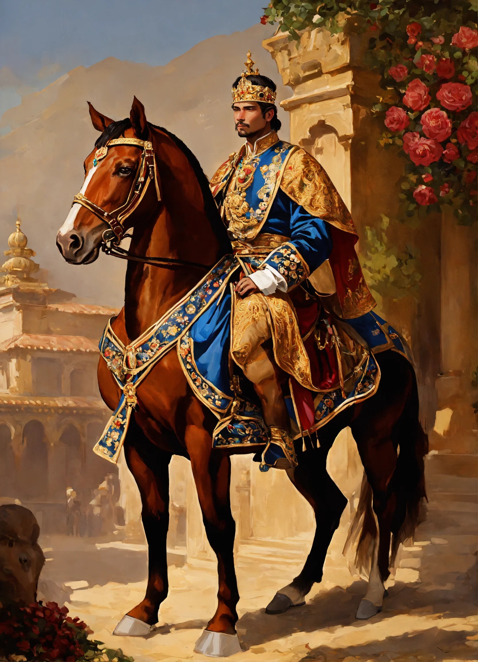 A king in royal garb mounts a royal horse with a f.jpg