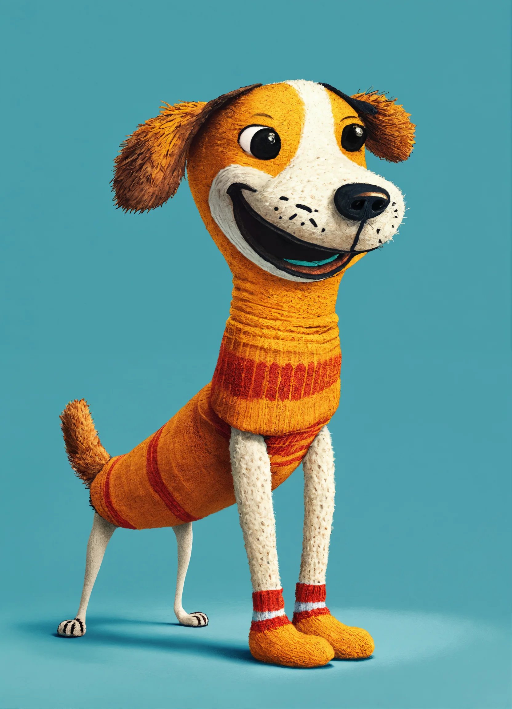 A leg wearing a sock in the shape of a smiling dog.jpg