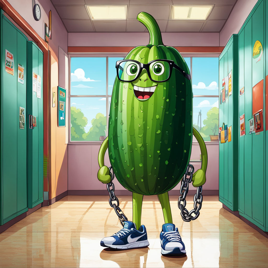 a-regular-cucumber-standing-inside-a-school-with-a-chain-and-puma-shoes-and-glasses-365253159.jpeg