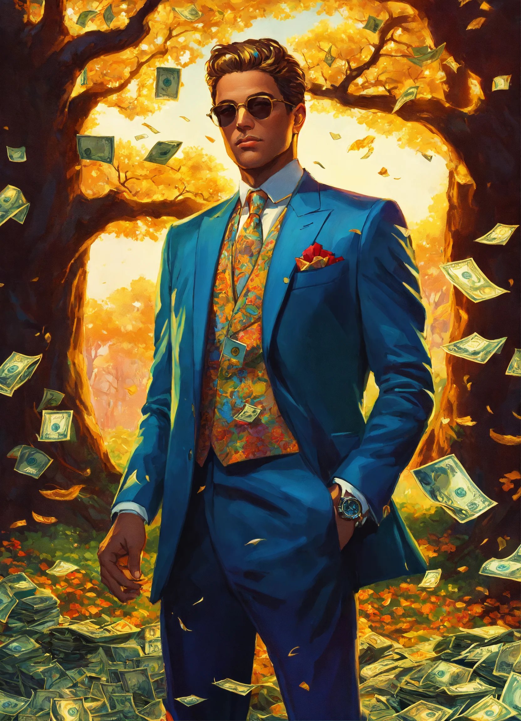 A rich man picks dollars from a tree.jpg