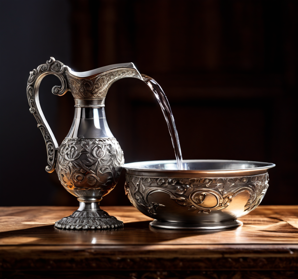 a-small-silver-vessel-from-which-water-is-poured-into-a-silver-bowl-370747939.png
