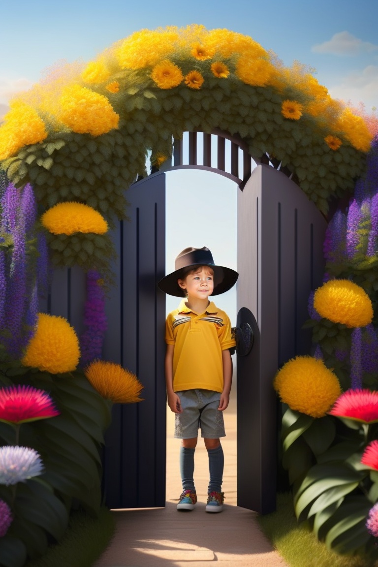 An 8-year-old boy wearing a sun hat enters a gate .jpg
