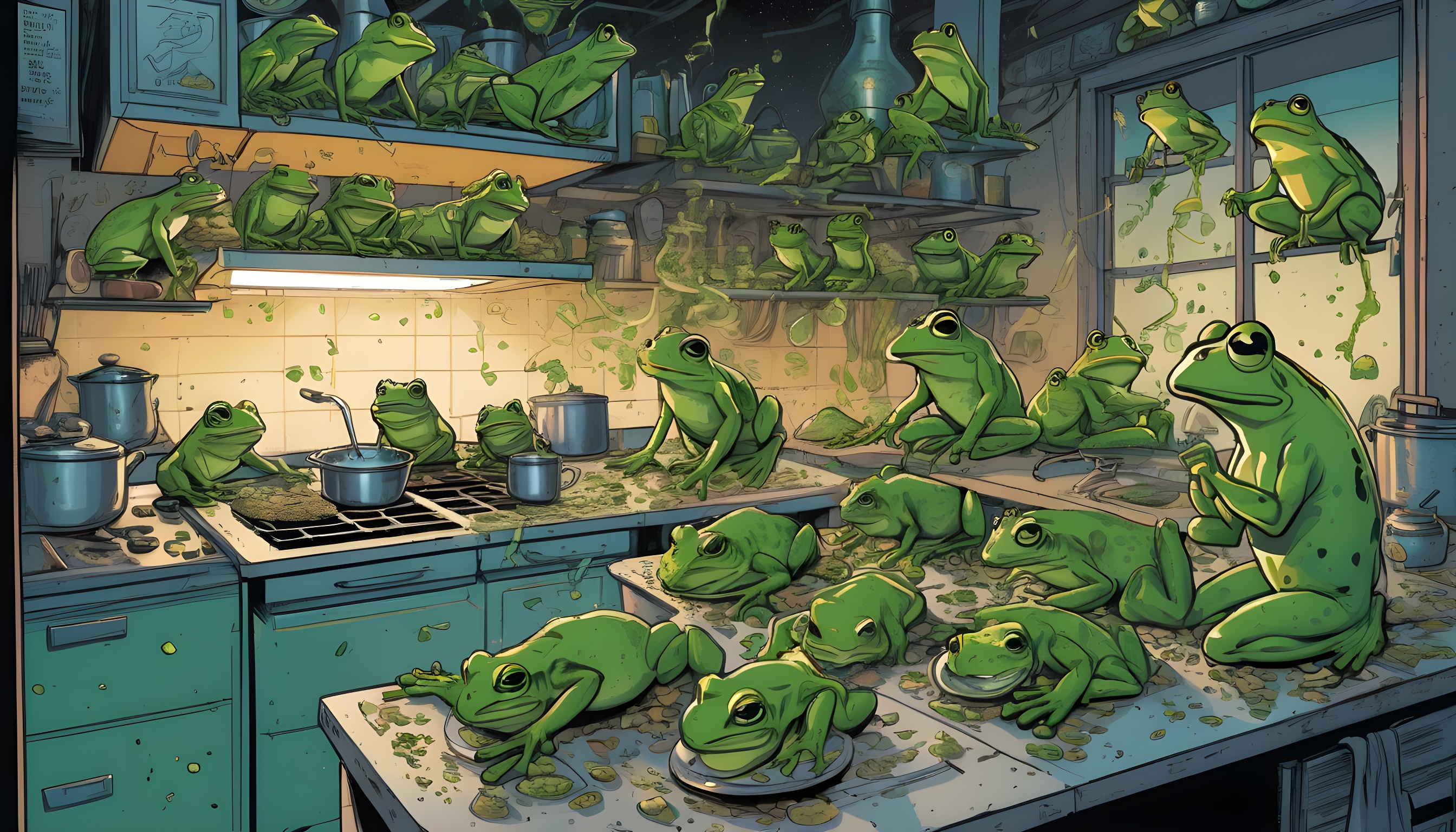 An-Egyptian-kitchen-trying-to-function-amidst-a-lively-scene-of-hundreds-of-green-frogs--each-...jpg