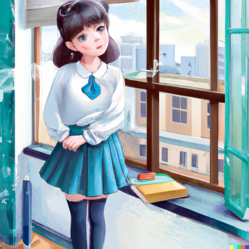 DALL·E 2022-07-31 23.43.57 - Schoolgirl with a sweet face wearing a long-sleeved light blue co...png