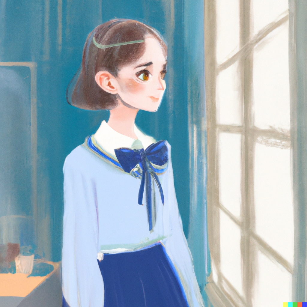 DALL·E 2022-07-31 23.45.10 - Schoolgirl with a sweet face wearing a long-sleeved light blue co...png