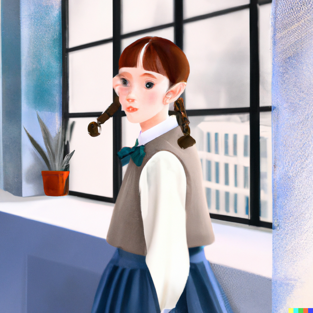 DALL·E 2022-08-01 00.02.45 - Schoolgirl with a cute face and ponytail wearing a long-sleeved l...png