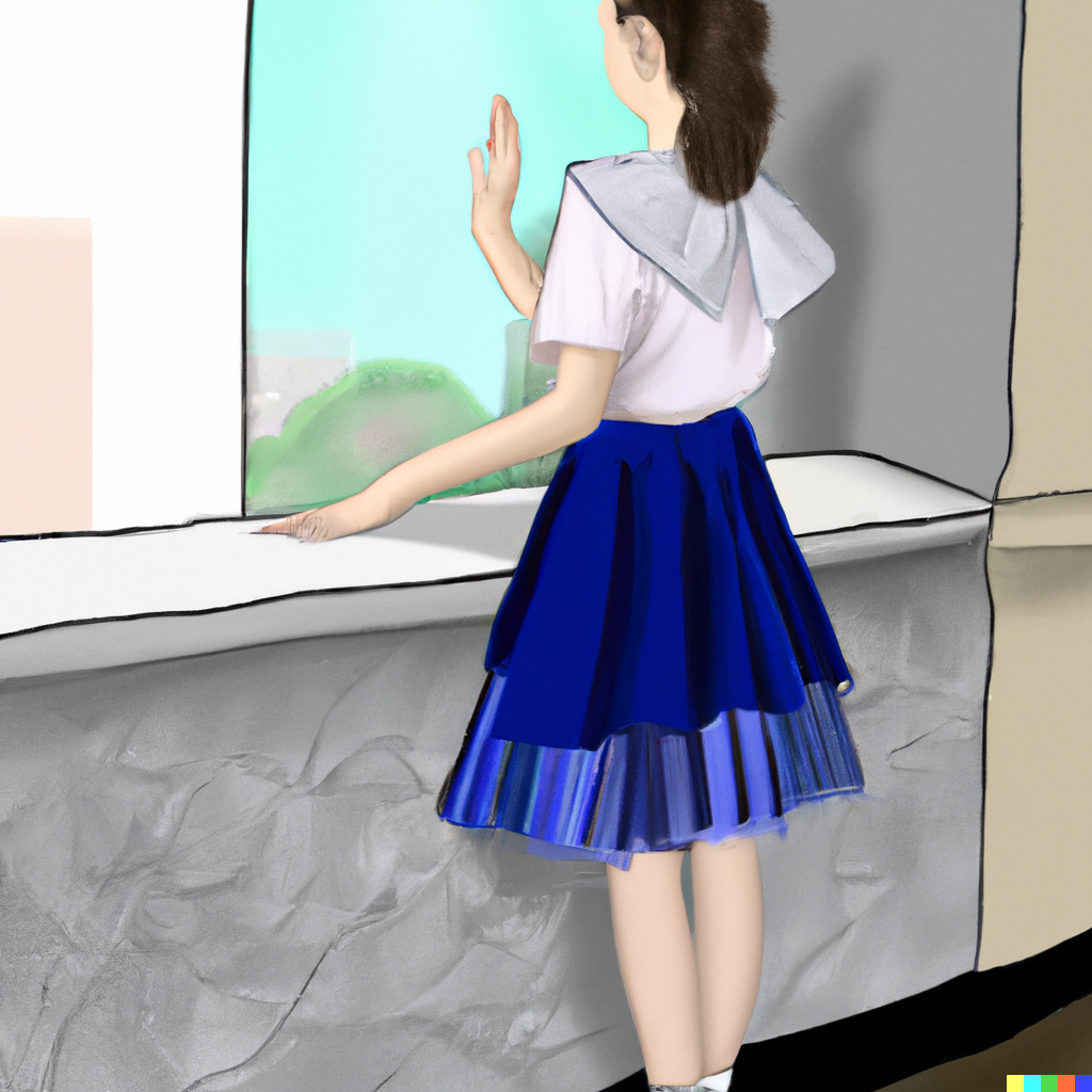 DALL·E 2022-08-01 01.35.37 - A schoolgirl wearing a light blue collared shirt and a blue pleat...png