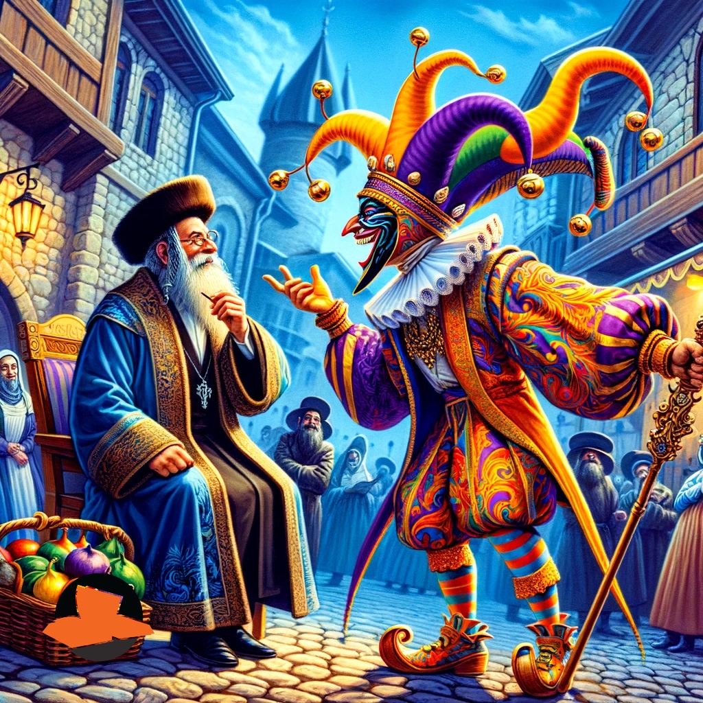 DALL·E 2024-01-30 18.08.33 - A vivid illustration depicting a traditional Jewish jester, engag...jpg