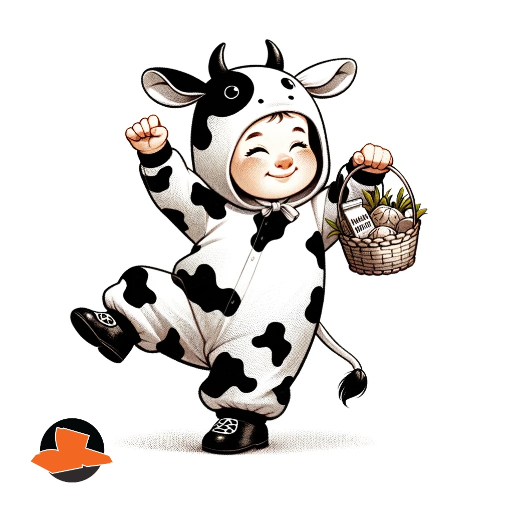 DALL·E 2024-01-30 19.21.17 - An illustration of a baby in a dancing cow costume, holding a mis...jpg