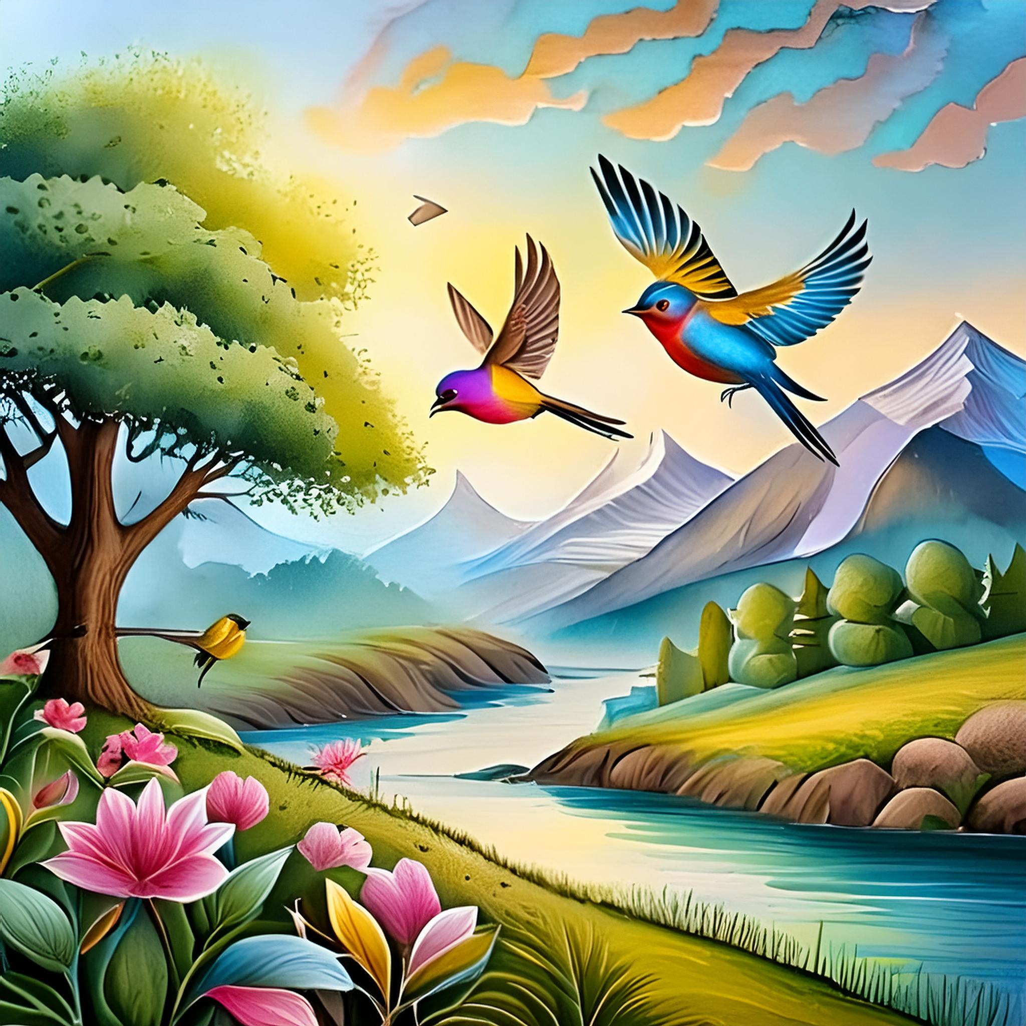 Firefly Beautiful colorful birds fly in the air above the beautiful landscape 38028.jpg