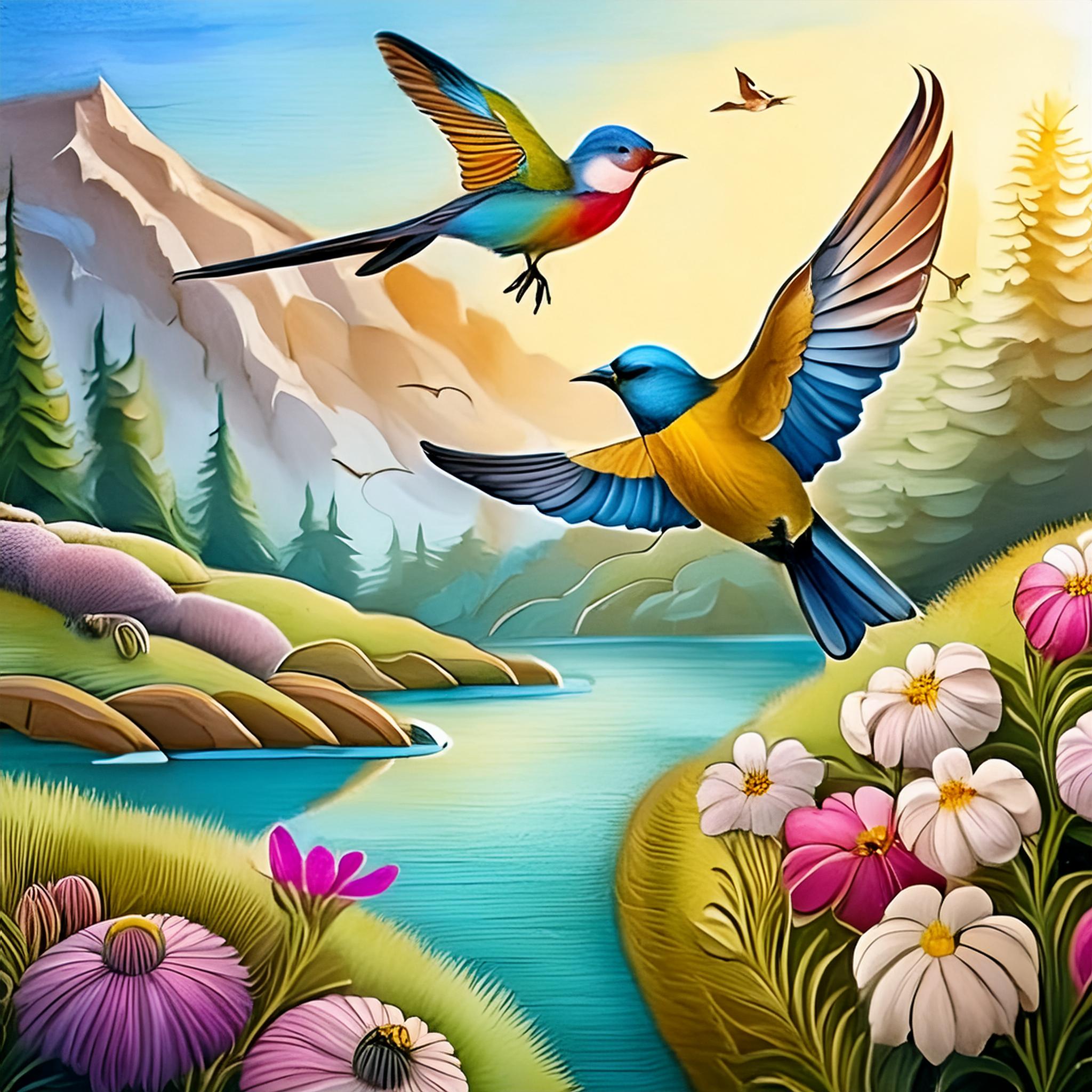 Firefly Beautiful colorful birds fly in the air above the beautiful landscape 41419.jpg