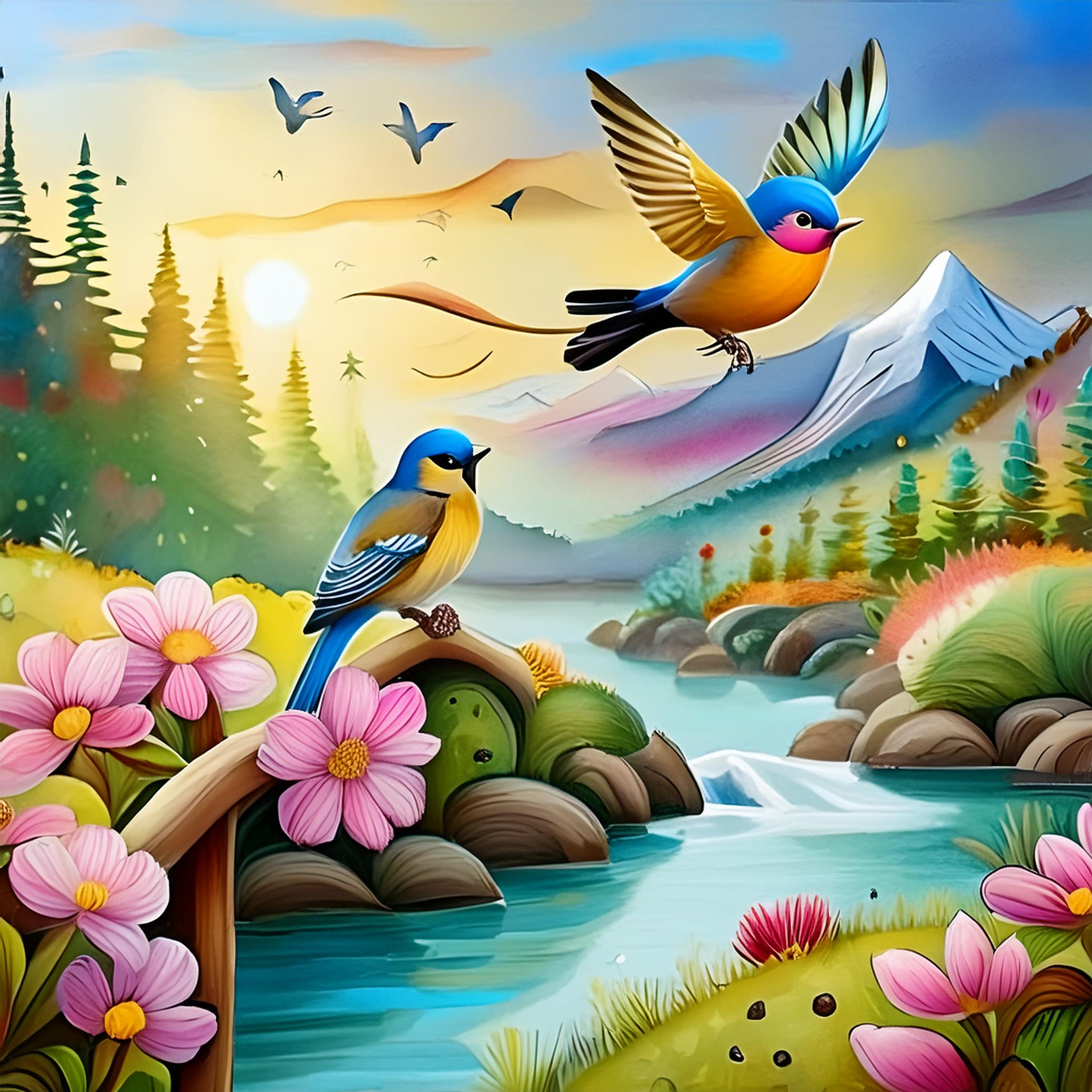 Firefly Beautiful colorful birds fly in the air above the beautiful landscape 73443.jpg