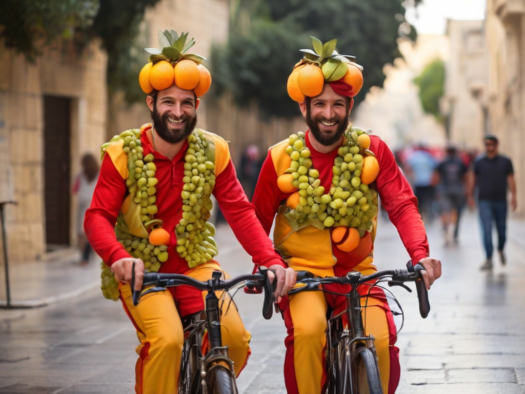 Leonardo_Diffusion_XL_Two_cyclists_in_Jerusalem_in_fruit_costu_0.jpg