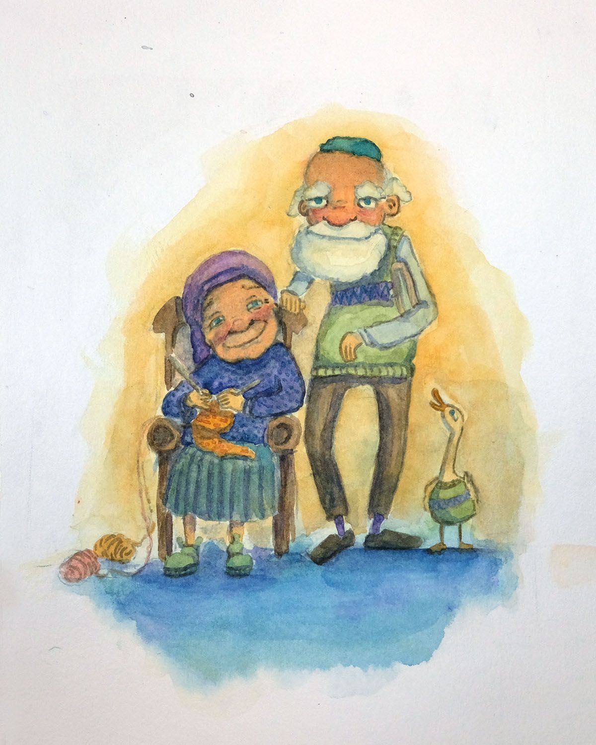 איור דמויות בצבעי מים - סבתא אלישבע וסבא אביגדור