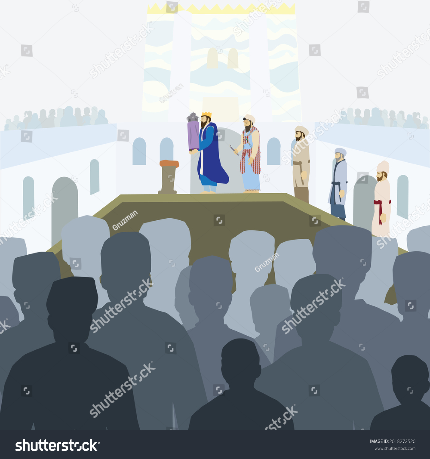 איור ציור וקטורי של טקס מעמד הקהל בסוכות בבית המקדש כהן גדול מלך ישראל קורא בתורה-2018272520.jpg