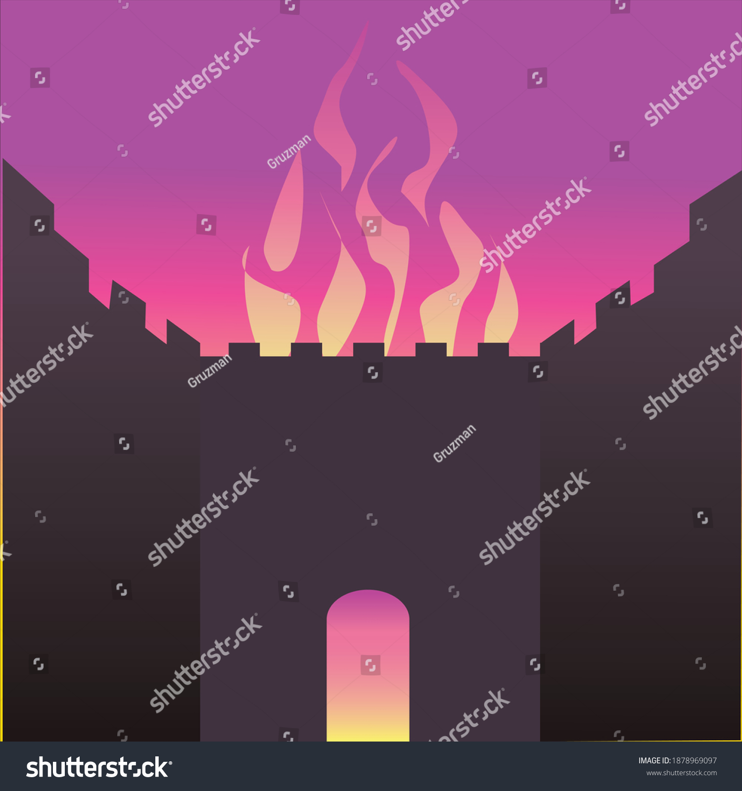 בית המקדש נשרף ציור וקטורי חומות ירושלים ולהבות אש עשרה בטבת, תשעה באב, שבעה עשר בתמוז ציור-18...jpg