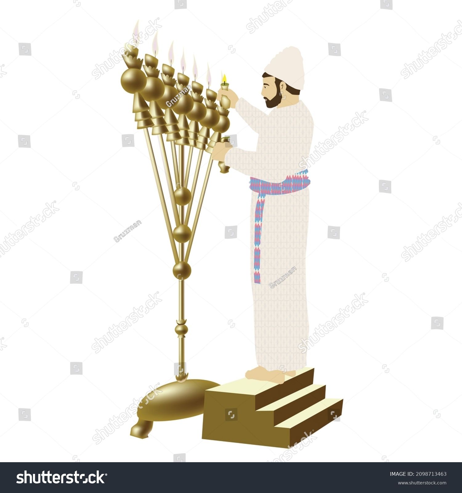 כהן בבגדי כהונה מדליק מיטיב את המנורה מנורת הזהב בבית המקדש ציור איור וקטור וקטורי קליפארט קלי...jpg