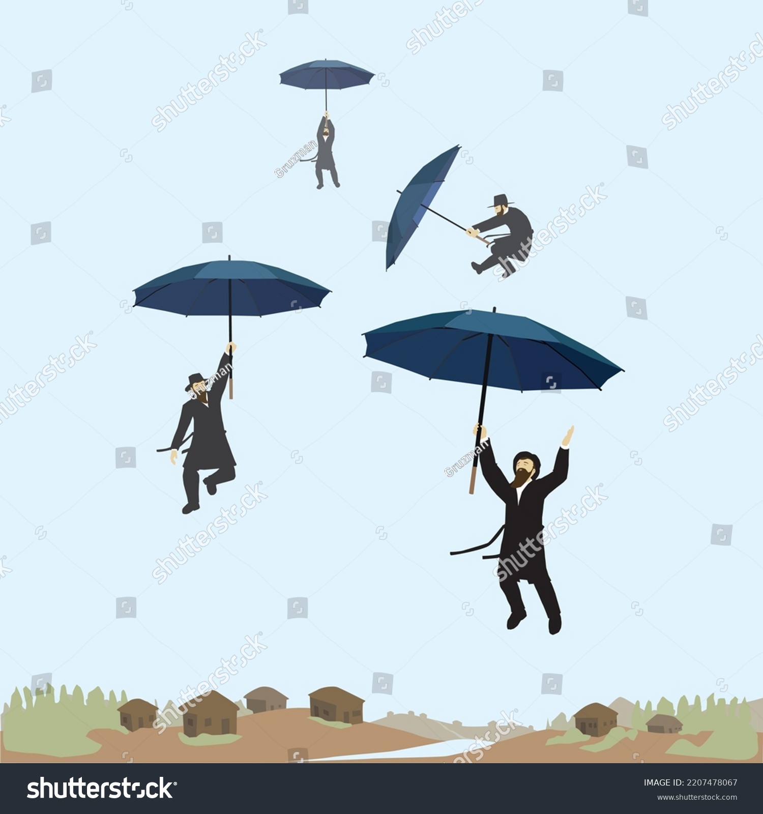 ציור וקטורי של חסידים עפים באויר באוויר עם מטריות ביד רוקדים תפילת הגשם-2207478067.jpg