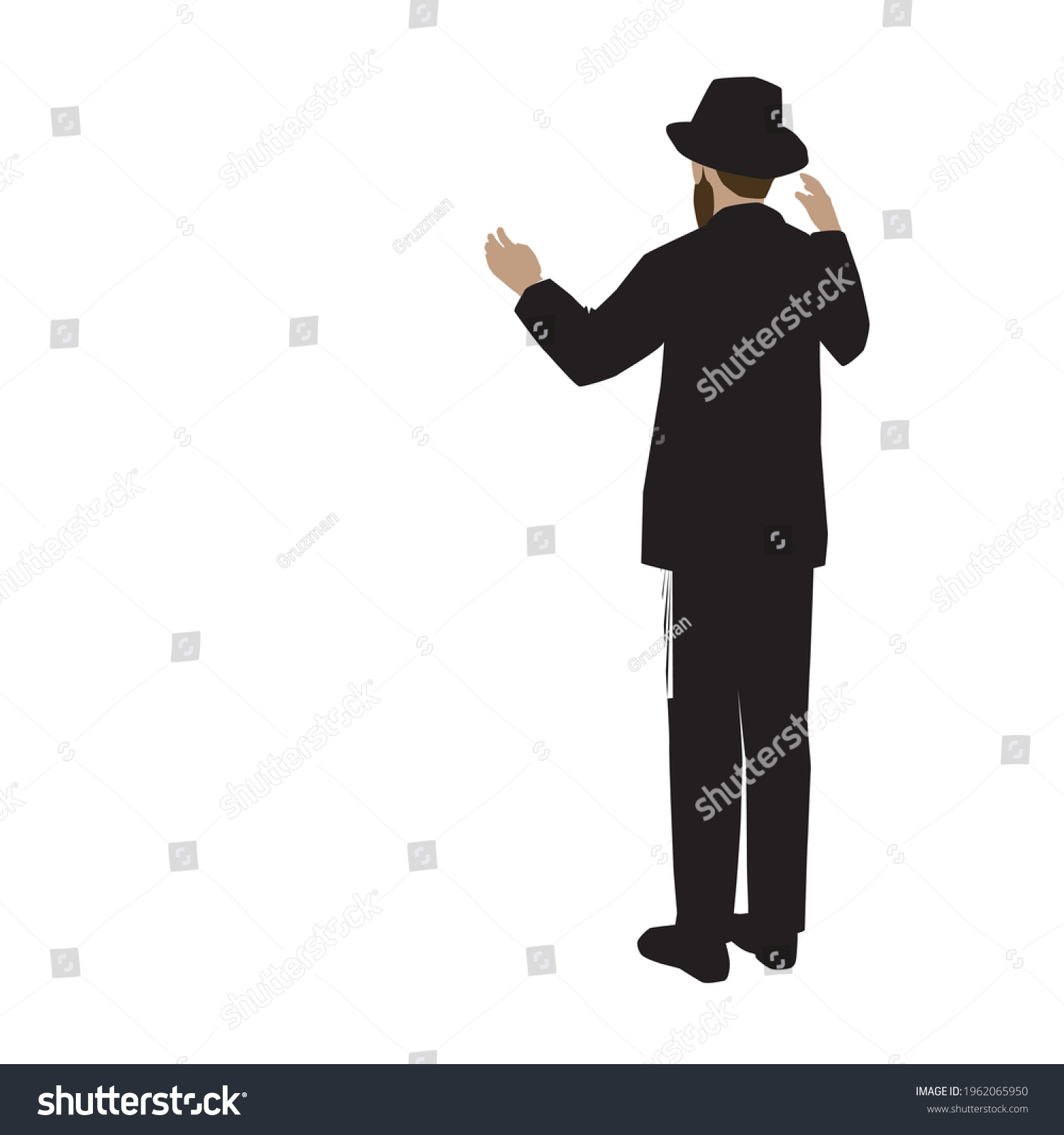 ציור וקטורי של חסיד חרדי אברך יהודי דתי עם כובע וחליפה מגבעת עומד ומרים ידיים לשמים בתפילה בהו...jpg