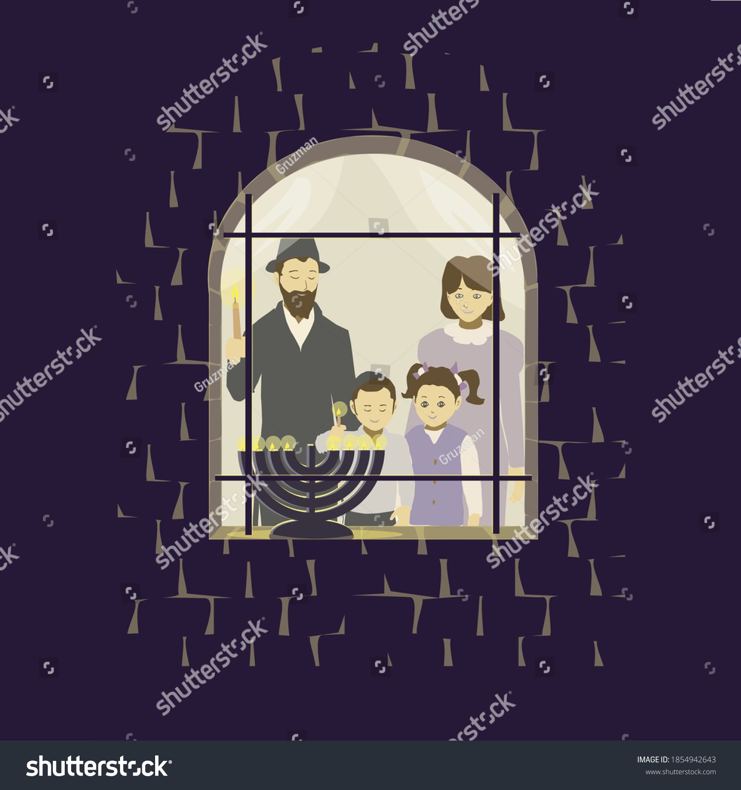 ציור של משפחה מדליקה נרות חנוכה בחלון הבית-1854942643.jpg