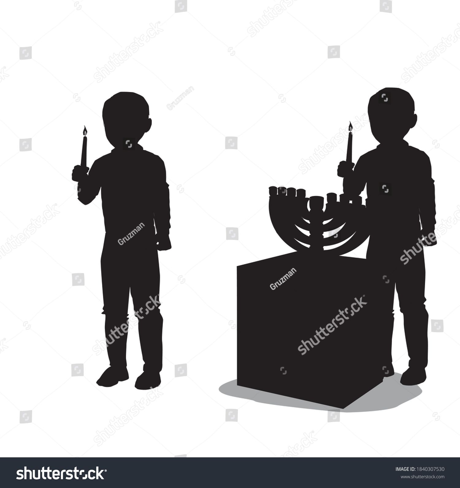 צלליות וקטוריות שחורות של ילד יהודי מדליק נרות חנוכה בחנוכיה-1840307530.jpg