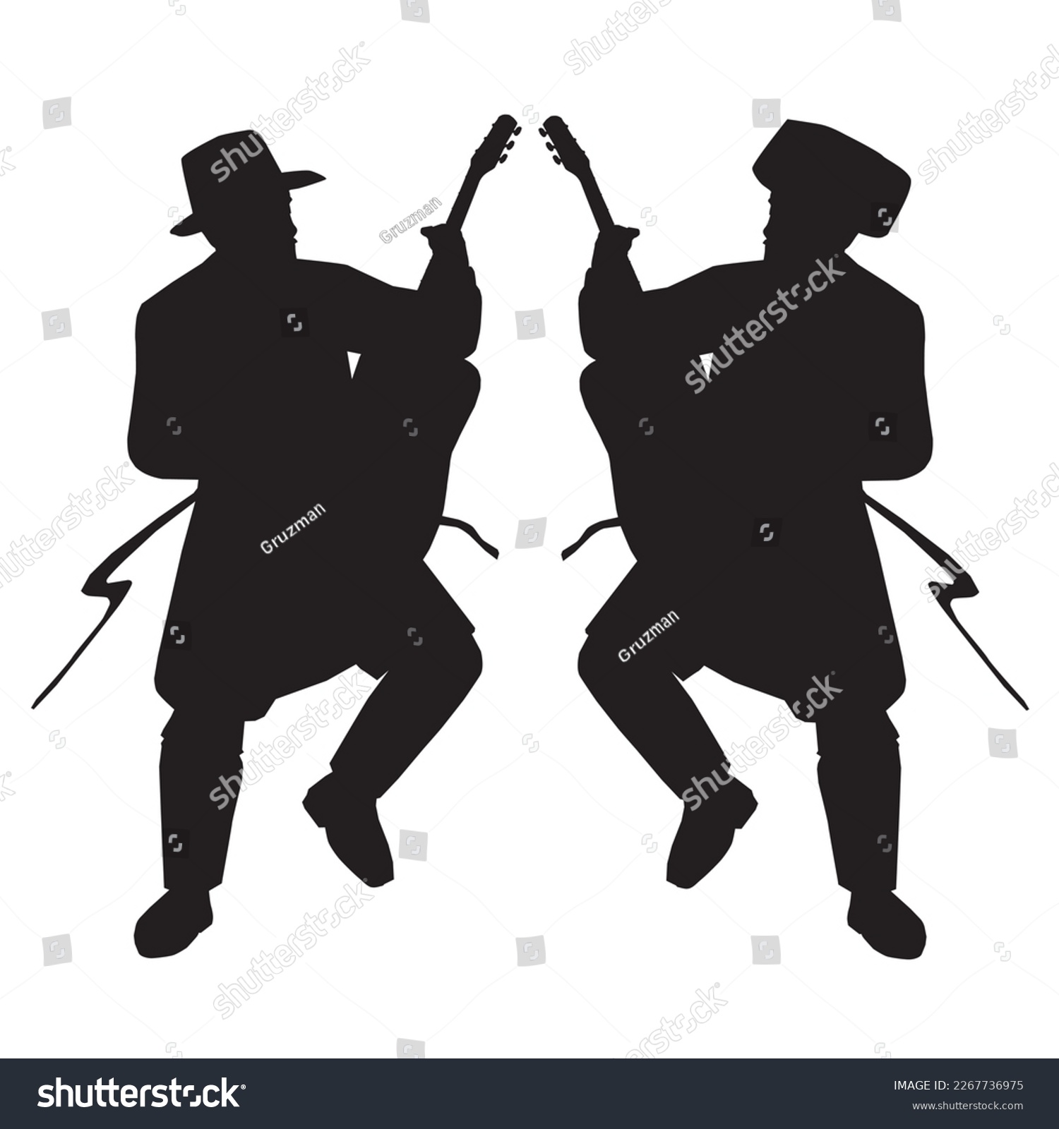 שני חסידים רוקדים עם גיטרה ביד חסיד רוקד גיטרות מנגן מנגנים צללית שחורה וקטורית על רקע לבן-22...jpg