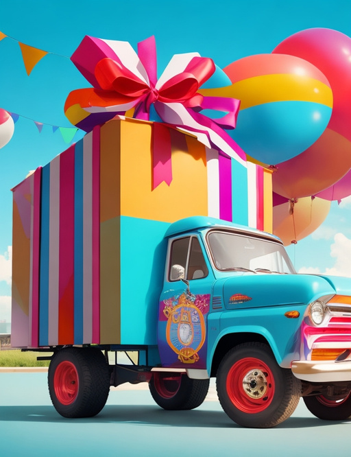 A handsome and colorful gift box on top of a truck