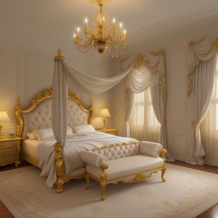 Royal bedroom in the dark, 2 separate beds, cream-colored bedding, 2 gold-colored lamps - lit next to the beds