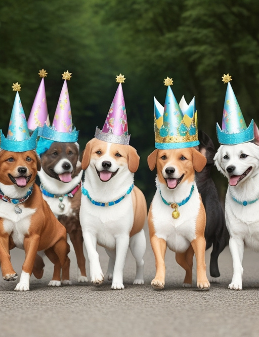 Several dogs with birthday crowns, walking in a row next to there are calendar dates