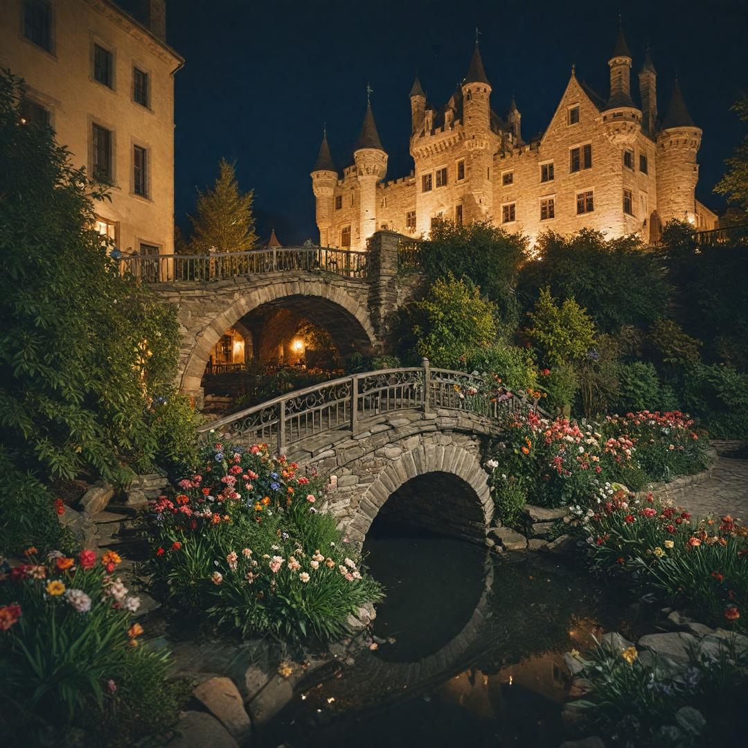 Night view, a modern 5-story castle, decorated with vegetation and colorful flowers, in the courtyard of a tiny stream that leads to a small lake with a fountain and colorful lighting, and above it a small bridge
