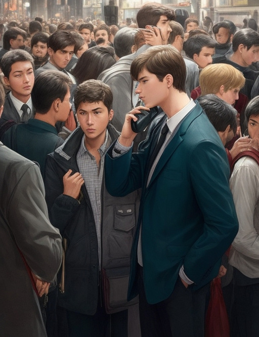 Many boys are talking on the phone, standing crowded