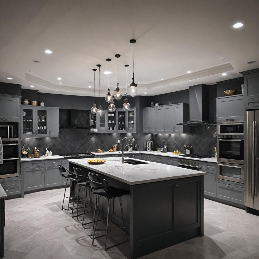 A huge kitchen with an island in the middle, in gray, white and black colors, dim and luxurious lighting