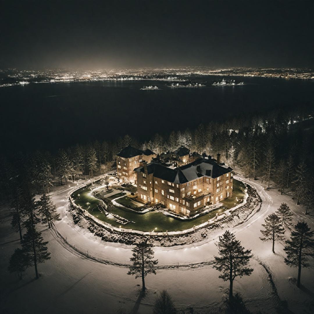 A snowy night, a view from above on a sprawling estate on top of a snowy mountain, green lawns and a lake, a transparent 3-level apartment, lit with dim yellowish lights, everything exudes luxury.
