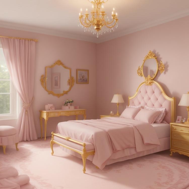 Girls' room without figures, light pink, luxurious bed, soft white carpet and gold lighting.