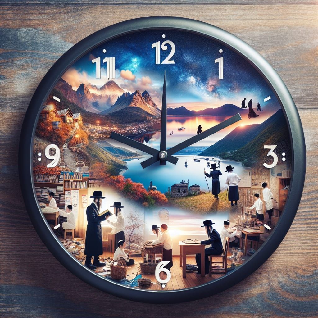 A high-quality realistic photo of a double exposure of a divided image inside a clock. Each hour marks a different scene...