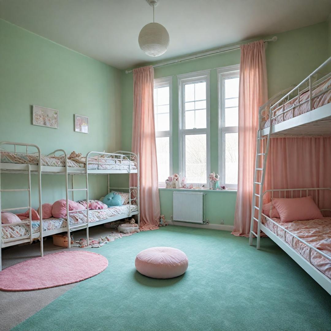 A huge and spacious children's room, walls in ice cream colors: light green, light pink, light blue, light mocha, light pastel colored carpet, matching curtain and bunk bed.