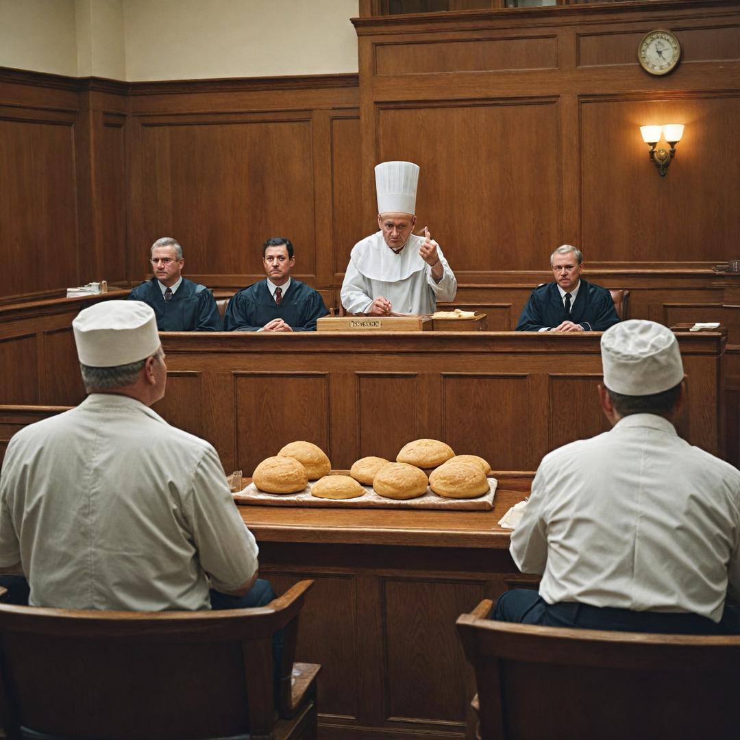 Courtroom, behind the witness stand stands a baker man with a tall hat, and on the stand of the defendants sits a fat dough