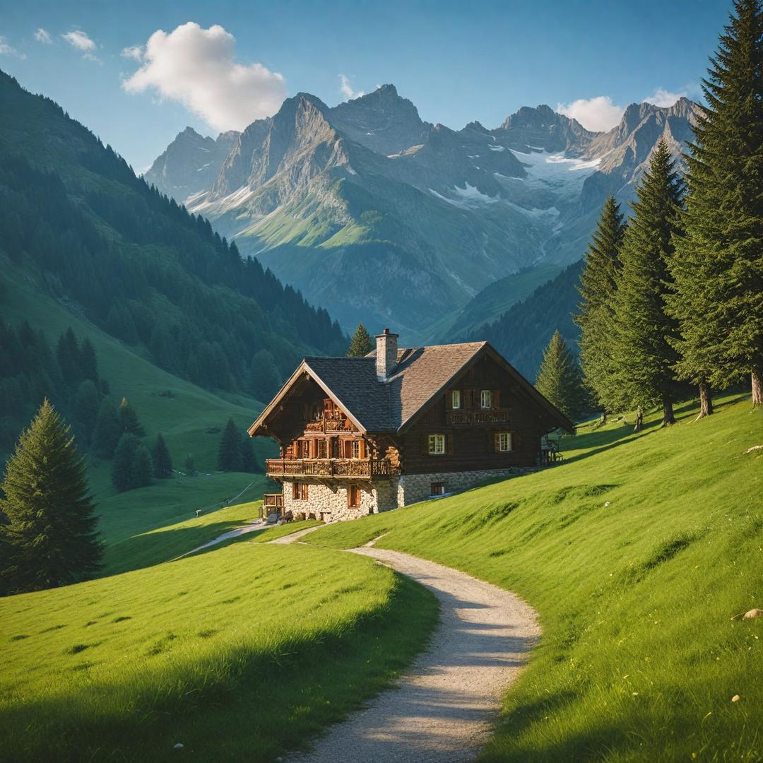 A luxury estate in the heart of the Alps, a beautiful morning, especially green grass, a beautiful dream vacation cabin,