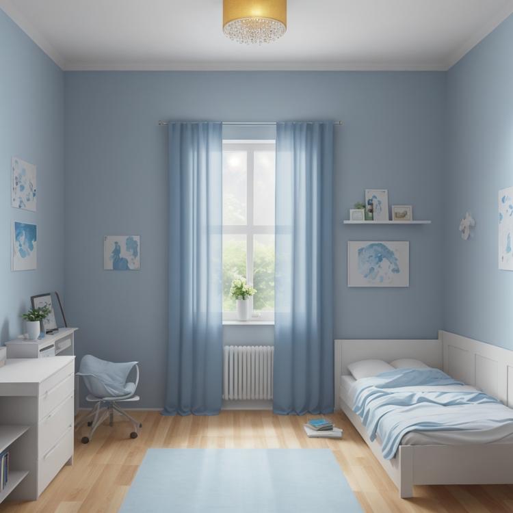 White boys' room, light blue wall stickers, blue reading corner, white-light-blue-blue curtain