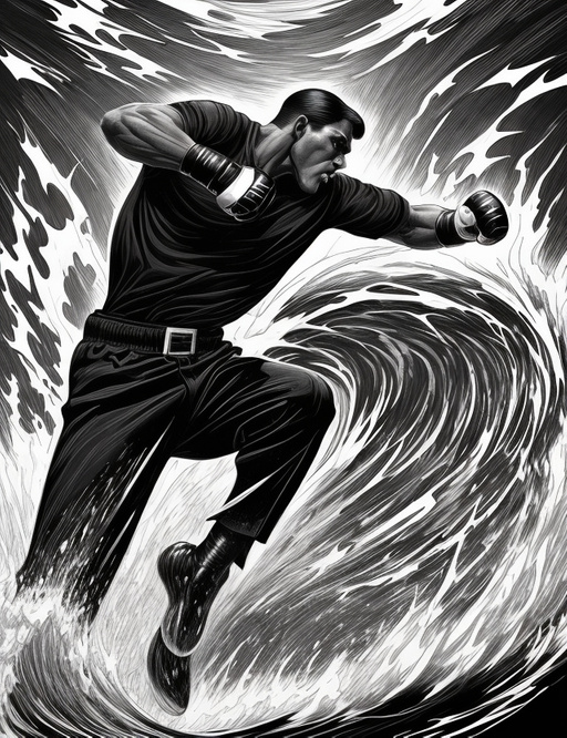 Black and white art deco illustration of a classic boxer wearing a black shirt in a dramatic pose, about to unleash a powerful uppercut against a crashing wave. The scene is both powerful and elegant.