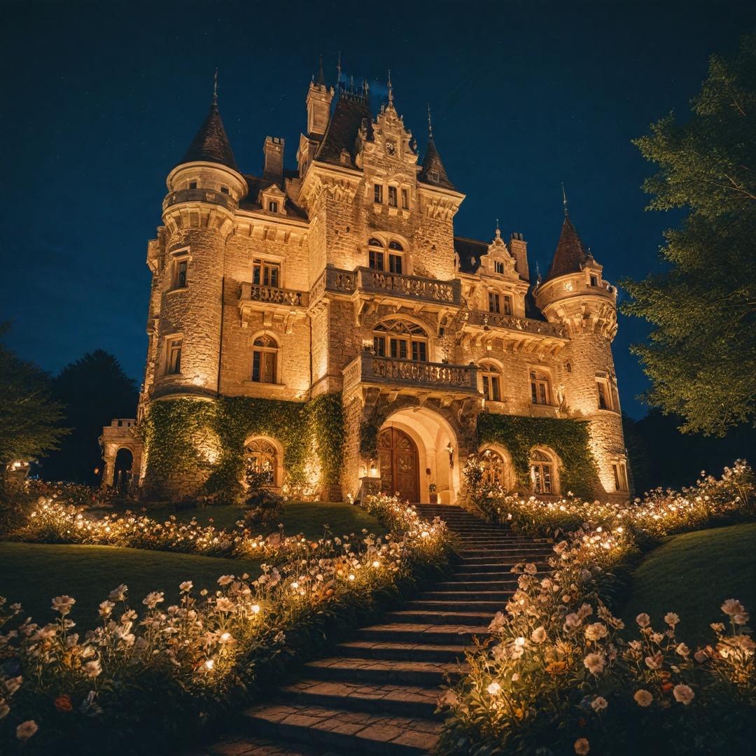 Night view of a magical vintage style castle, 3 floors and decorated with flowers and LED strips