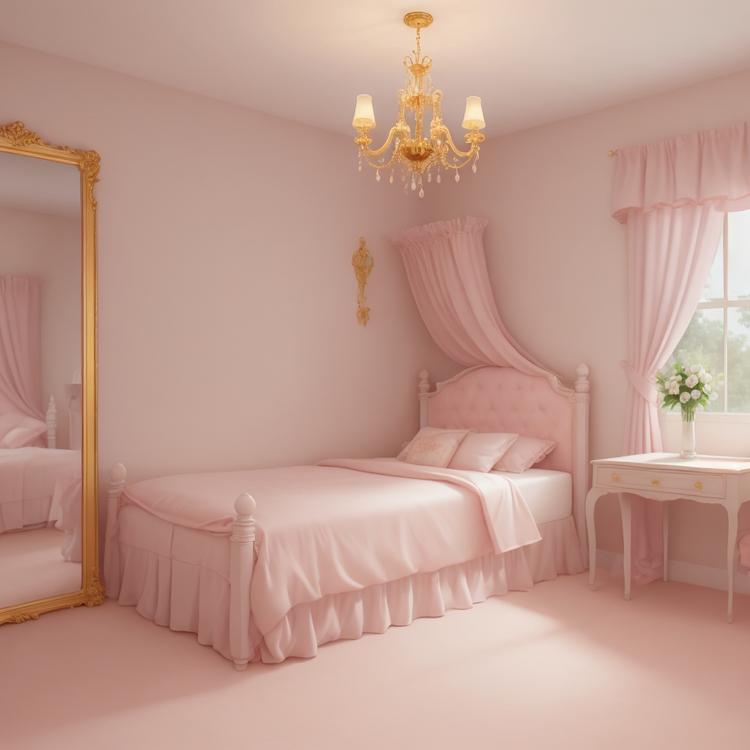 Girls' room without figures, light pink, luxurious bed, soft white carpet and gold lighting.