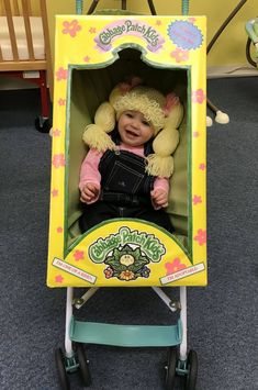 Cabbage Patch Doll Stroller Costume | Sometimes the little ones are stuck in things like strollers, its just easier to work with what youve got! | Check out this list of Halloween costumes for kids. Left it to the last minute? Dont worry, Ive got you | A Visual Merriment #halloween #halloweenkids #halloweenideas #costume #halloweenkidscostume #diycostume #dressup #babycostume #babyhalloween #strollercostume #dollcostume #cabbagepatch #babyhalloweencostume